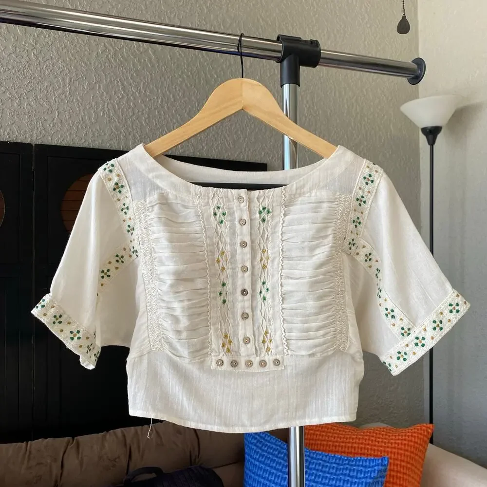 Free People Crop Blouse Button Front Flare Sleeve Ruched Back Boatneck Beige XS